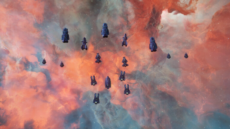 Fleet of spaceships in formation, colorful nebula