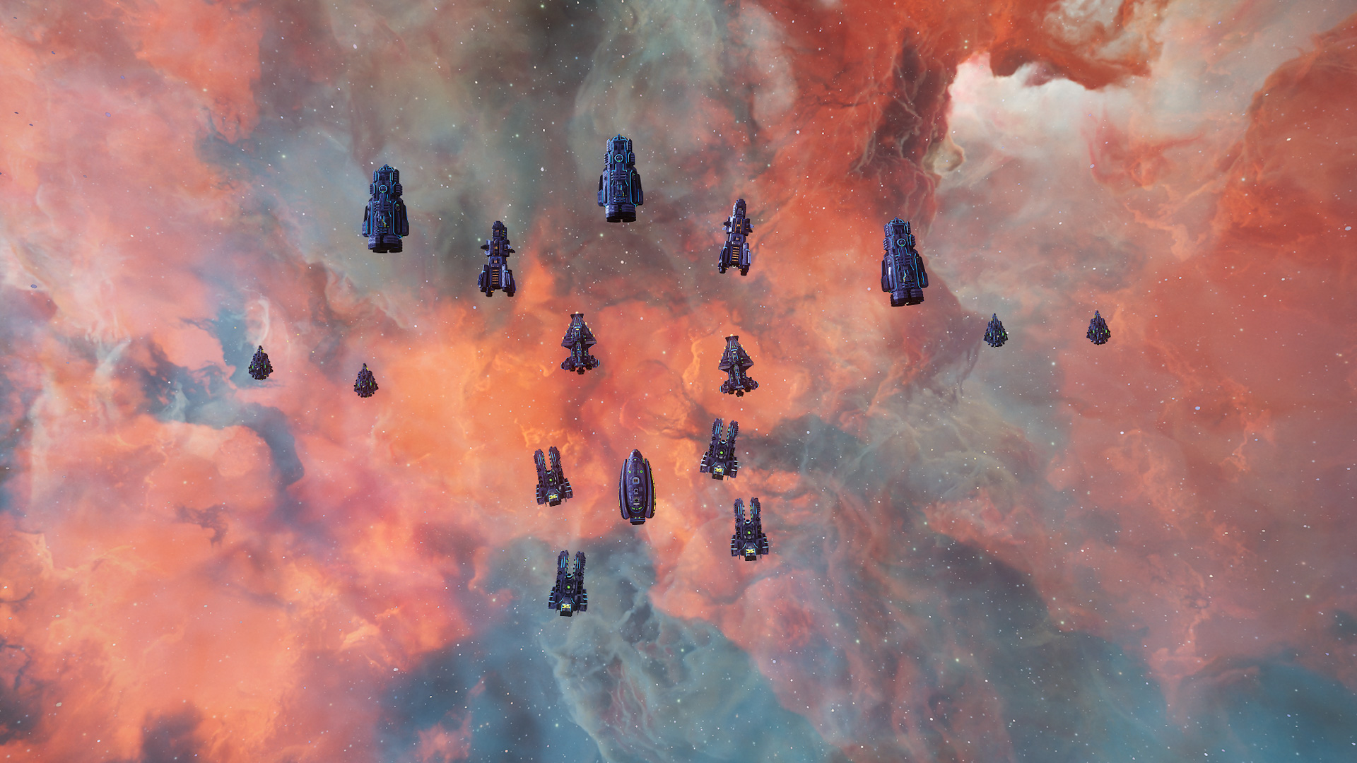 Fleet of spaceships in formation, colorful nebula